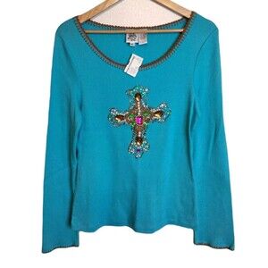 Ivy Jane Womens Pull Over Top  Shirt XL 100% Cotton Jewels Embroidery Cross  NWT